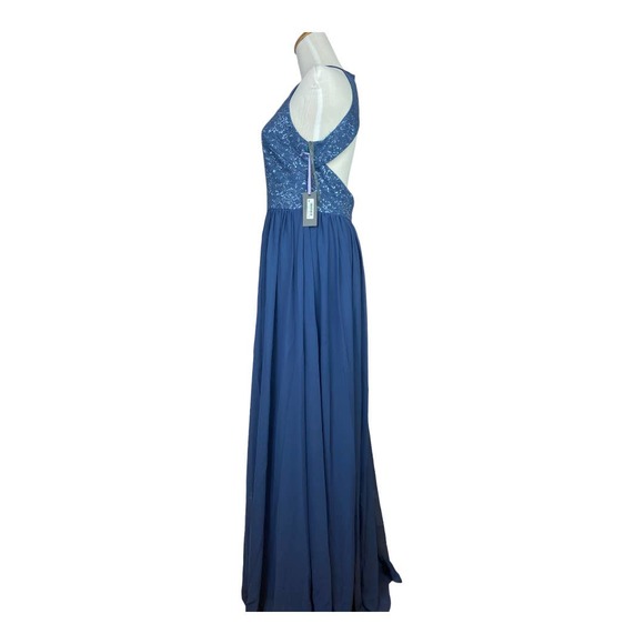 NWT Vera Wang Blue Fog Metallic Lace Full Length Halter Gown Size 6 - Picture 4 of 7